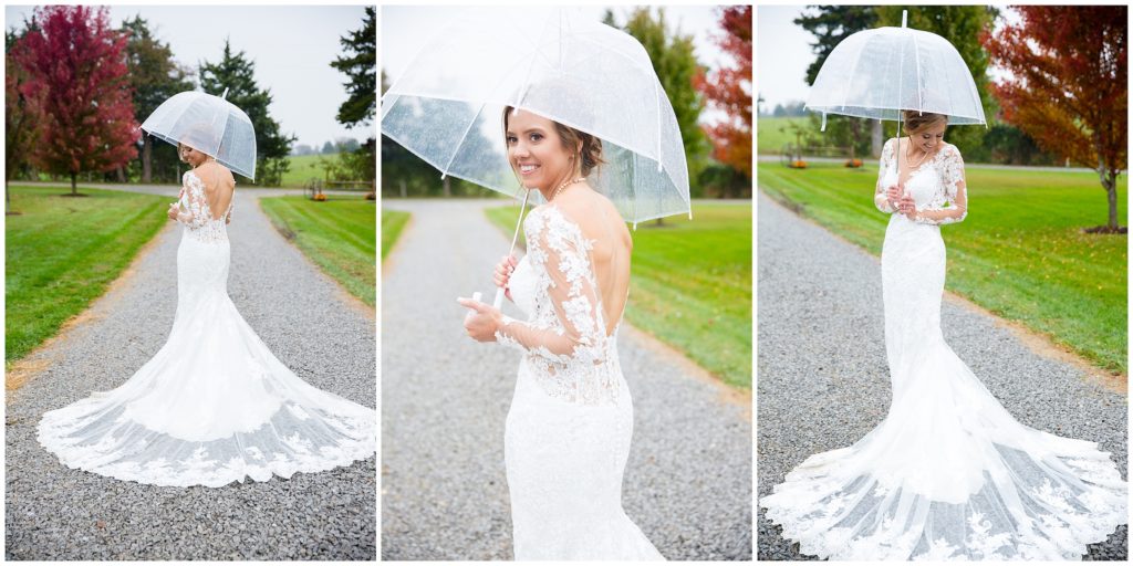 Bride portraits with umbrella. Rainy day Wedding photography by Bella Faith Photography based in Columbia, MO.