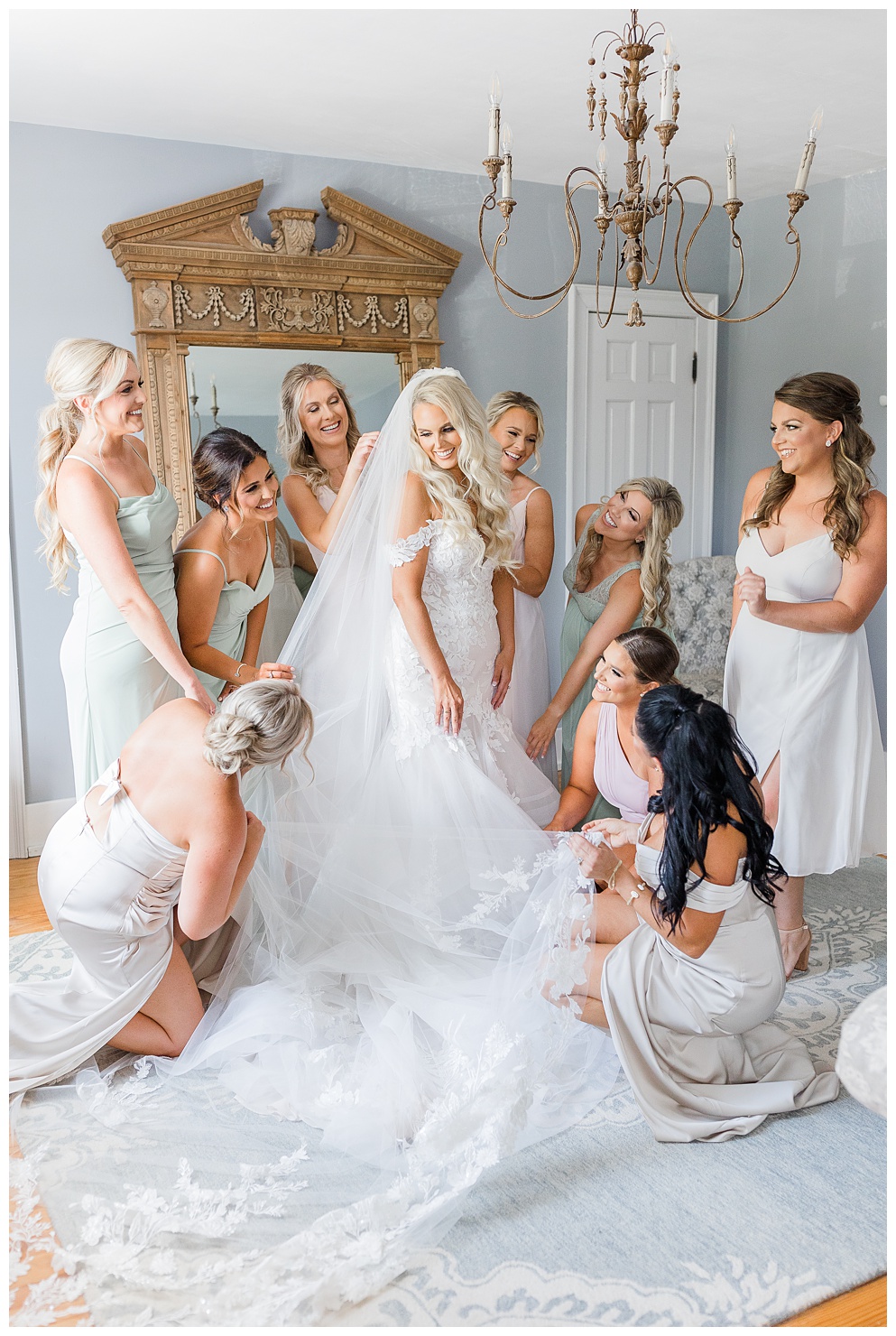bride and bridesmaids first look at the stone House of st. Charles wedding venue