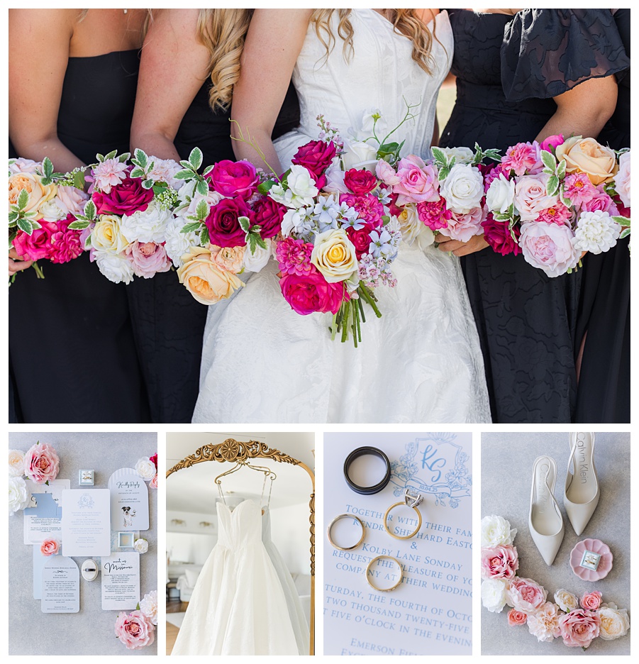 Bride and bridesmaids with floral bouquets at an Emerson Fields wedding in Missouri