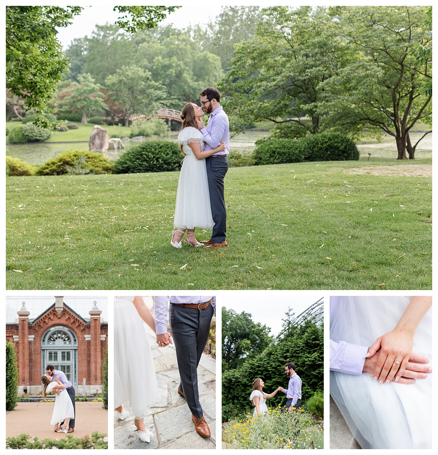 Engaged couple embracing during a romantic engagement session at the Missouri Botanical Garden in St. Louis, Missouri